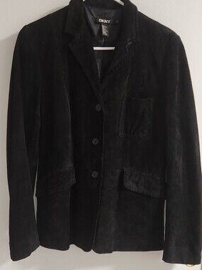 DKNY Black Suede Three-Button Blazer Jacket, Size 10